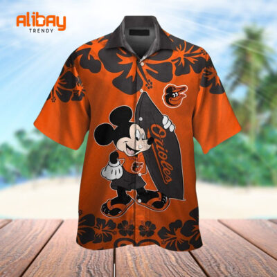 Disney Mickey Mouse Button Up Tropical Baltimore Orioles Hawaiian Shirt