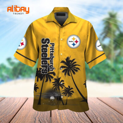 Logo Pittsburg Steelers Button Up Tropical island Hawaiian Shirt