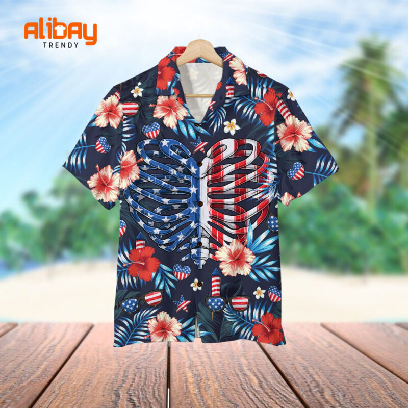 American Flag Hawaiian Shirt With Floral Pattern
