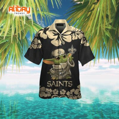 Baby Yoda New Orleans Saints Logo Amidst Tropical Flowers Hawaiian Shirt