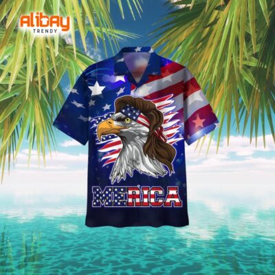 Blue Merican Trendy Aloha Shirt with Majestic Eagle Design