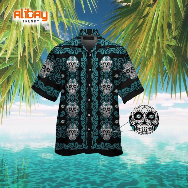 Miami Dolphins Skull Island Short Sleeve Button-Up Hawaiian Shirt