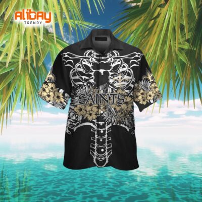 New Orleans Saints Logo Skeleton and Tropical Flowers Aloha Shirt