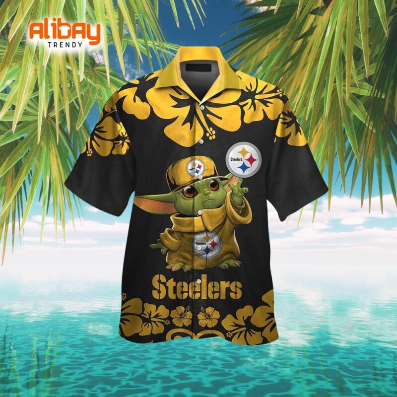 Pittsburgh Steelers Baby Yoda Short Sleeve Button-Up Tropical Hawaiian Shirt
