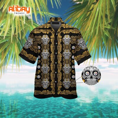 Pittsburgh Steelers Skull Short Sleeve Button-Up Tropical Hawaiian Shirt