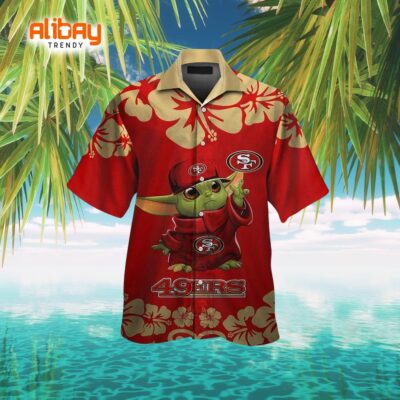 San Francisco 49ers Baby Yoda Tropical Short Sleeve Button-Up Hawaiian Shirt