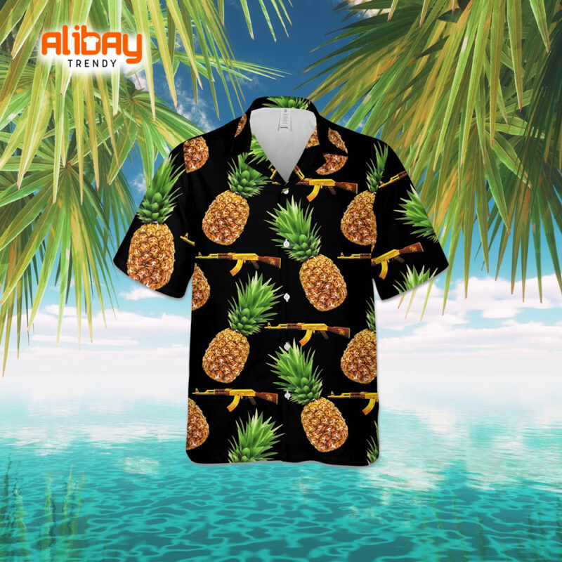 Tropical Hawaiian Shirt with Pineapple and Gun Design
