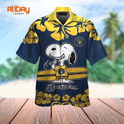 Cute Snoopy Milwaukee Brewers Button Up Tropical Hawaiian Shirt