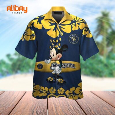 Disney Minnie Mouse Milwaukee Brewers Button-Up Tropical Hawaiian Shirt