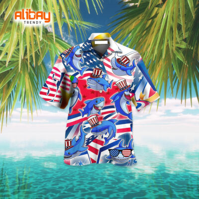 Shark Funny USA Flag Independence Day Hawaiian Shirt