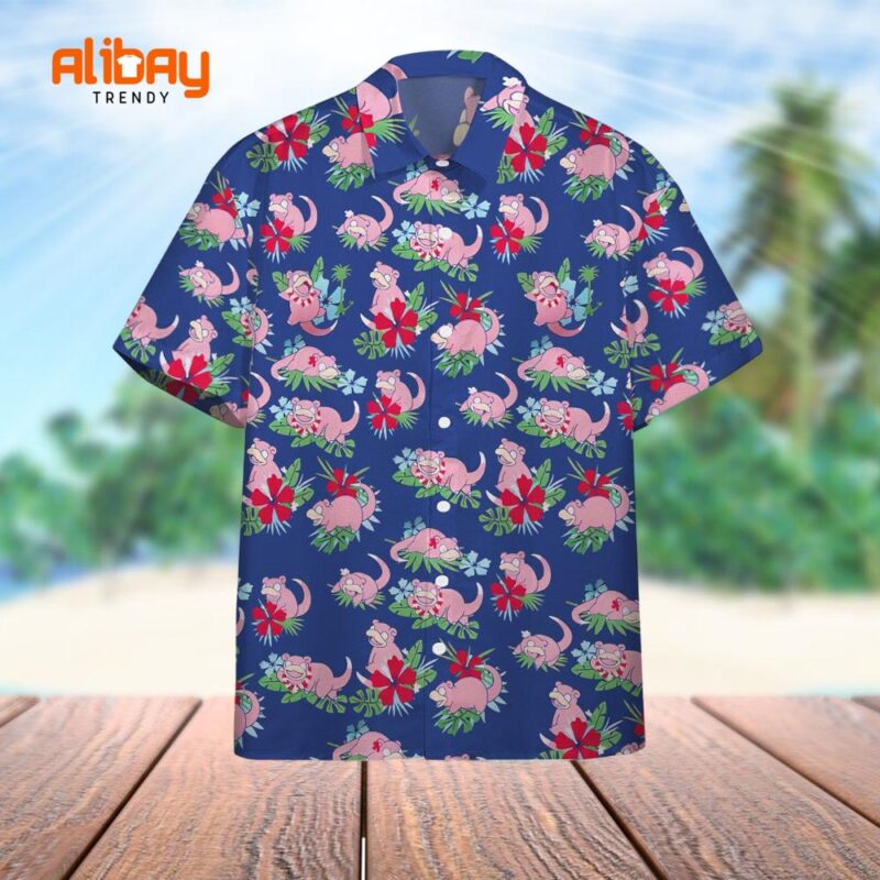 Tropical Slowpoke Pink Blue Pokemon Hawaiian Shirt
