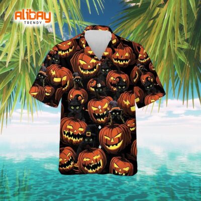 Black Cat Pumpkin Aloha Beach Halloween Hawaiian Shirt