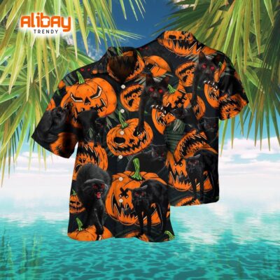 Black Cat Pumpkin Scary Tropical Halloween Hawaiian Shirt
