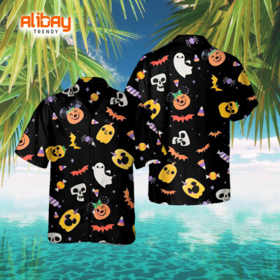 Disney Halloween Mickey Mouse Boo Ghost Skeleton Pumpkin Hawaiian Shirt