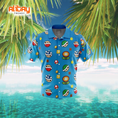 Super Mario Items Pattern Beach Button-Up Hawaiian Shirt