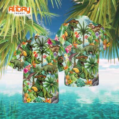 Tropical Dinosaur Palm Tree Fun Hawaiian Shirt