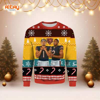 Justin Fields and Dj Moore Chicago Bears Ugly Sweater