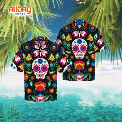 Mexican Sugar Skull Tropical Polyester Hawaiian Shirt